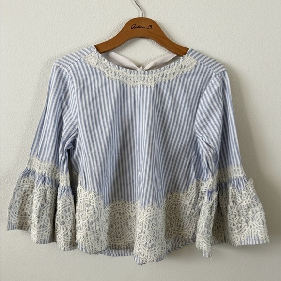 Zara Tops - Zara Blue and White Striped With Lace Detailing With Bell 3/4 Sleeves Ribbon